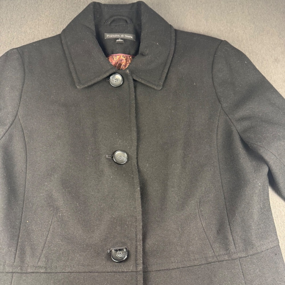 Preston & York Black Wool Blend Button Front Walker Coat Floral Lining Womens 14